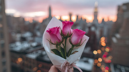 A hand holds a bouquet of three vibrant pink roses wrapped in white paper. The composition features a soft focus with the city skyline in the background, bathed in warm sunset tones. The image showcases a shallow depth of field, perfect for various commercial applications, including editorial or promotional material.の素材