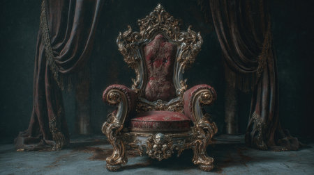 An elaborately carved throne dominates the view, featuring intricate golden details and a burgundy seat. Dark curtains frame the chair, suggesting an indoor setting with dramatic lighting. This image could be used for commercial purposes in advertising and design projects. It evokes themes of power and luxury.の素材