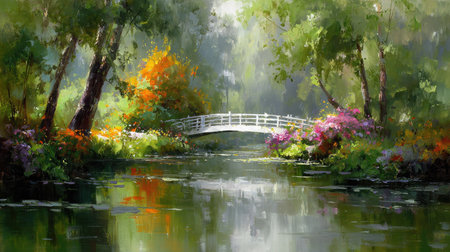 An impressionistic painting depicts a serene landscape featuring a white bridge arcing over calm water. Lush green trees and colorful foliage frame the scene, suggesting a peaceful environment. The artwork employs soft brushstrokes and diffused lighting, evoking a sense of tranquility. Ideal for various editorial and commercial applications.の素材