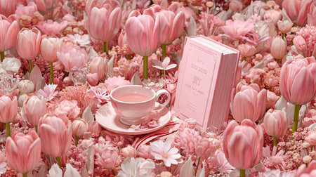 A vibrant arrangement showcases pink tulips and other floral elements. A book and a teacup sit among the flowers, creating a harmonious composition. The image employs soft lighting, and pastel colors. It can be suitable for various editorial or commercial projects related to spring, design, or leisure.の素材