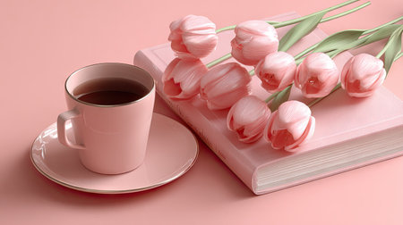 A pink teacup and saucer are positioned near a closed book adorned with tulips, arranged against a matching background. The composition is soft with pastel colors and a shallow depth of field. The setup may be useful for illustrating themes of relaxation or lifestyle, adaptable for both editorial and commercial projects.の素材