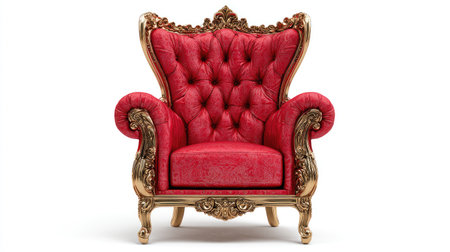 A luxurious red armchair with ornate gold trim is featured against a plain white backdrop. The high-backed chair showcases a tufted design, suggesting a classic or vintage style. The lighting highlights the textures of the fabric and the details of the gold embellishments. This image is suitable for commercial use, including editorial and design projects.の素材