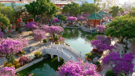 This overhead image showcases a tranquil garden scene. The visual features include a variety of lush purple flowers and green trees surrounding a calm pond. The composition includes a white bridge and a traditional building. Suitable for commercial use, the image suggests a peaceful and inviting atmosphere.の素材