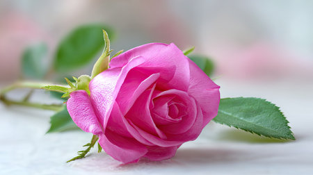 A vibrant pink rose is displayed with its green leaves in a close-up shot. The image showcases the flower's delicate petals and texture, illuminated by soft lighting. This artistic composition could be suitable for various commercial applications, including editorial features or decorative designs.の素材
