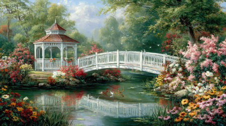 A beautiful landscape features a white gazebo and bridge reflected in the water. The scene is framed by vibrant flowers and lush green trees under a cloudy sky. Soft lighting suggests a daytime setting. This image is suitable for various commercial and editorial projects.の素材