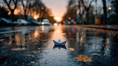 A paper boat floats on a reflective puddle in the middle of a wet street. The image captures a moody scene, with a shallow depth of field and blurred background featuring city lights. This image can be used for editorial content or various creative projects.の素材