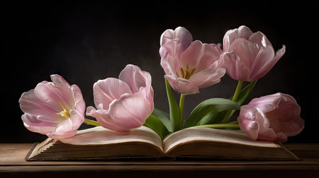 Five delicate pink tulips rest atop an open book with aged pages, set against a dark backdrop. The soft petals of the flowers contrast with the textured book, and the lighting creates a dramatic effect. This still life image could be used for various editorial and commercial purposes.の素材