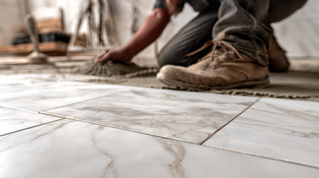 A person is seen working on the installation of a tile floor. The image focuses on the process of applying grout and leveling. The color palette includes shades of gray and brown, with close-up details of the worker's hands and the tile surface. This scene could be used for commercial projects or illustrations.の素材