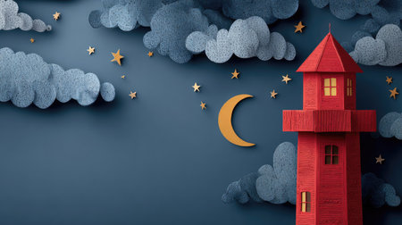 An illustration depicts a red lighthouse against a dark blue backdrop. Fluffy, stylized clouds and scattered golden stars complete the night sky scene. The artwork uses a paper cut-out style with textures and shapes to create a serene and imaginative environment. Suitable for various conceptual and decorative uses.の素材
