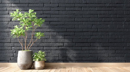Two potted plants are positioned against a dark brick wall, with sunlight casting shadows on the surface. The composition showcases natural textures and subtle color variations. The image presents a clean and minimalist style suitable for various design projects or editorial use. The wooden floor adds warmth to the interior setting.の素材