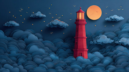 A vibrant illustration depicts a red lighthouse standing tall amongst swirling blue clouds under a night sky. The scene showcases a full orange moon and stylized clouds, creating a dynamic composition. This artwork may be suitable for use in various commercial applications, including design projects and visual storytelling endeavors.の素材