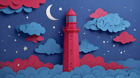 A red paper lighthouse stands tall in a stylized night scene. Blue and red paper clouds surround the structure, with a white crescent moon and stars adding to the ambiance. This artistic composition uses paper cutouts to create a visually appealing environment, suitable for various design and illustrative purposes.の素材