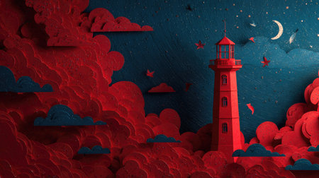 A red lighthouse stands tall against a dark blue night sky filled with clouds. The illustration features a paper cut-out style, showcasing rich textures and color contrasts. The composition, with its unique lighting, would be suitable for various design projects and creative concepts.の素材