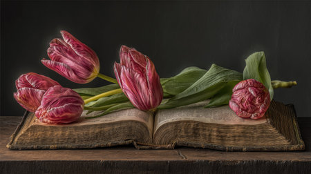 An arrangement features vibrant red tulips elegantly displayed upon an open antique book. The composition showcases the textured petals and lush green leaves. A dark background enhances the play of light, creating a dramatic contrast. This image is suitable for editorial and commercial projects seeking evocative imagery.の素材