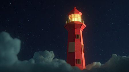 A vibrant red lighthouse stands tall against a dark blue, star-filled night sky. Soft clouds surround the base, adding depth to the scene. The warm, inviting glow from the lamp suggests a beacon in the darkness. Suitable for various commercial and editorial applications.の素材