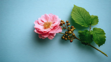 A close-up image showcases a delicate pink rose in full bloom alongside vibrant green leaves and small berries. The arrangement is set against a soft blue background, creating a contrasting color palette. The composition features natural light and a shallow depth of field, suitable for various editorial and commercial applications.の素材