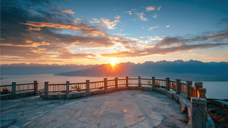 A scenic overlook presents a stunning sunrise view, showcasing mountain ranges, a large body of water, and a beautifully colored sky. The image displays a well-lit composition, with natural hues. This image could be suitable for various purposes, including editorial articles, promotional content, and artistic endeavors.の素材