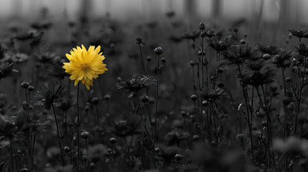 A lone yellow flower blooms prominently in a field of grayscale blossoms, creating a stark contrast. The image presents a high-angle perspective, emphasizing textures and details. This visually striking composition evokes concepts of individuality and resilience, suitable for a range of editorial and commercial applications.の素材