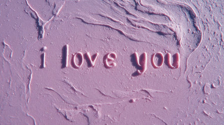 The image presents the text "i love you" embossed in a pastel pink hue, set against a textured background of the same color. The composition features a close-up view, with the lighting creating subtle shadows and enhancing the tactile quality. This visual could be used for various creative purposes, including greeting cards and digital content.の素材
