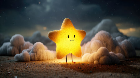 A glowing animated star character stands on a textured surface against a backdrop of soft, fluffy clouds. The illustration features a whimsical style with a warm, inviting color palette. Ideal for various commercial uses, including children's content, educational materials, or designs related to dreams and imagination.の素材