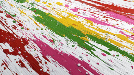 This image features a dynamic pattern of paint splatters, showcasing bold diagonal strokes in various colors. The composition highlights a mix of red, green, yellow, and pink against a white background. The image's style is artistic, and the lighting is even, suggesting its suitability for design or decorative applications.の素材