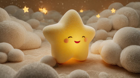 A cute smiling star character, glowing softly, is surrounded by fluffy clouds. The image features warm, inviting colors and a soft, dreamy composition. This illustration suggests a comforting ambiance and could be used for designs related to childhood, bedtime stories, or decorative projects.の素材