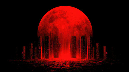 A striking digital artwork features a large, red sphere resembling a moon, positioned above a silhouette of a city. The composition uses stark contrasts, with the red dominating against the black background. The graphic style is reminiscent of digital art, evoking a sense of mystery. Suitable for artistic projects and visual storytelling.の素材