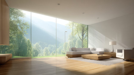 A modern living space features expansive windows showcasing an outdoor landscape. The room includes wooden floors, a neutral-toned sofa, and a low coffee table. Bright sunlight streams through the windows, illuminating the interior. This image is suitable for use in architectural visualizations or lifestyle concepts.の素材