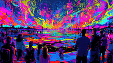 A vivid digital illustration depicts a fireworks show viewed by a silhouetted crowd. The artwork uses a wide spectrum of colors, creating a dazzling effect, with bold brushstrokes and dynamic composition. Suitable for various design projects including event promotions and celebration themes, the image evokes a sense of excitement.の素材