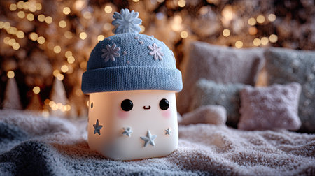A whimsical lamp, sporting a light blue beanie, sits on a soft, textured blanket. The lamp features a friendly face with rosy cheeks and star cutouts. Warm, ambient lighting emanates from the lamp. This image could be used for decorative purposes or as a background for a holiday design.の素材