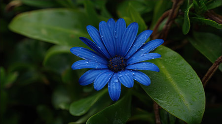 A close-up showcases a bright blue flower, its petals glistening with water droplets. The flower is centered among lush green leaves, with some brown stems in the background. The image uses a shallow depth of field, highlighting the flower's texture. Suitable for various commercial uses including floral arrangements or botanical illustrations.の素材