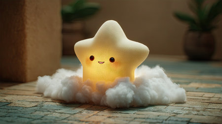 A star-shaped lamp with a smiling face rests on fluffy white clouds, illuminated by a warm, soft glow. The image showcases a light color palette, with a blurred background. The composition is well-lit, ideal for projects needing an inviting and positive ambiance, appealing for various commercial or editorial uses.の素材