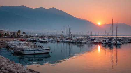 The image captures a harbor scene with numerous boats docked, set against a backdrop of majestic mountains during sunset. The composition features reflections on the calm water, warm colors from the sky and sunlight, and a soft atmospheric light. This could be used for various commercial projects or editorial content.の素材