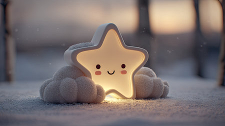 A cheerful, star-shaped lamp with a glowing face rests on a bed of soft, cloud-like shapes. The lamp is illuminated with a warm light against a blurred backdrop. The composition is simple and focused, lending itself well to use in promotional materials or website design.の素材