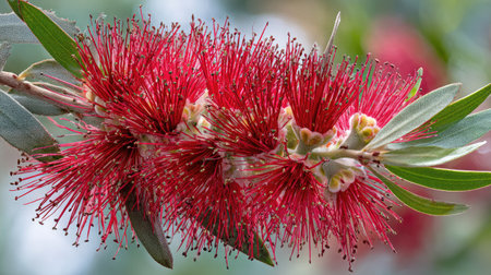 A close-up view showcases a bottlebrush flower with vivid red, brush-like petals. The image highlights the flower's texture and structure, complemented by green foliage. The soft focus background enhances the subject. Ideal for botanical studies, illustrative purposes, and various design projects.の素材