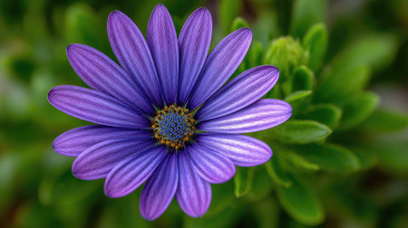 A close-up showcases a single, striking purple flower with layered petals. The image highlights the flower's intricate details, from its textured center to the subtly striped petals. The background consists of blurred green foliage, creating contrast. This image is suitable for use in various projects like print media or digital marketing materials.の素材