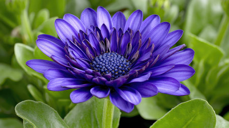 A close-up showcases a vivid blue flower, with a darker center and multiple layered petals. The image features a lush green foliage background, emphasizing the flower's texture and form. The composition, likely taken in natural daylight, is suitable for various commercial and editorial applications.の素材