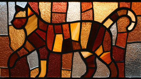 A stained glass illustration depicts a cat in a geometric style. The artwork utilizes a palette of warm colors like brown, orange, and yellow, with distinct lines defining the form. The image, possibly indoors, suggests a decorative or artistic context, suitable for various design applications.の素材