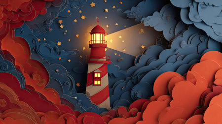 A red and white striped lighthouse is the central focus, emitting a bright beam of light. The image employs a paper-cut style with layers of blue, red, and orange, creating a whimsical atmosphere. The composition suggests a nighttime environment with scattered stars and stylized clouds. This artwork is suitable for illustrative and decorative purposes.の素材