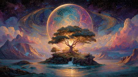 A digital painting showcases a tree on an island before a cosmic planet in a vibrant, dreamlike scene. The artwork features a blend of colors with light and shadow, a sense of depth. Suitable for creative projects, the image conveys themes of nature and fantasy, ideal for various uses.の素材