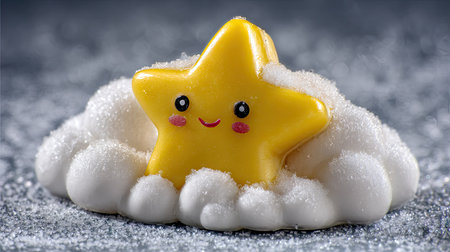 A cheerful yellow star figure rests upon a soft, white cloud formation. The image presents a close-up view with gentle lighting and a smooth texture. This composition could serve various purposes in design, advertising, and educational materials, creating a visual concept of joy and comfort.の素材