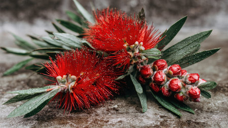 The image showcases bright red bottlebrush flowers accompanied by green foliage on a textured surface. The composition features a close-up view, emphasizing the detailed texture of the blossoms. Natural lighting illuminates the scene, highlighting the colors and textures. The photo could be used for various commercial and editorial purposes.の素材