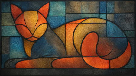 This illustration features a stylized cat rendered with geometric shapes and a vibrant color palette. The artwork showcases a blend of warm orange and yellow hues contrasted against cool blue tones. The design presents a contemporary style with a focus on shape and form, suitable for various commercial and editorial applications.の素材