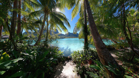 A lush tropical scene showcases a lagoon framed by tall palm trees and dense vegetation. The image reveals clear turquoise water under a vibrant blue sky, reflecting natural sunlight. The composition invites exploration of the natural environment, with potential applications in travel and ecological themes.の素材