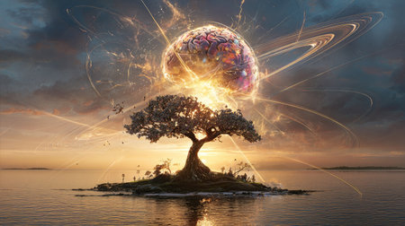 A digital artwork features a tree on a small island, set against an otherworldly backdrop. The image showcases a luminous planet with rings, surrounded by dynamic light effects. The composition uses a warm color palette, creating a sense of wonder, suitable for editorial and commercial projects.の素材