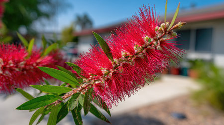 A close-up captures vivid red bottlebrush flowers on a branch with green leaves. The image showcases a soft focus background, likely outdoors, under natural lighting conditions. Suitable for various commercial uses, this image presents botanical details. The composition includes depth of field with blurred textures.の素材