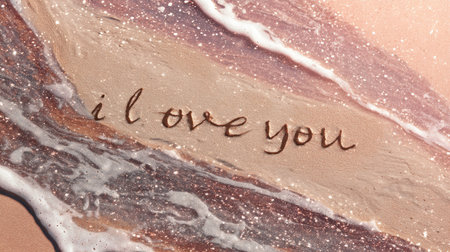 A message inscribed on a layered, wave-like surface is presented. The visual composition features fluid lines and varied color tones creating depth, highlighted by shimmering particles. The lighting appears soft and diffused. This image could be used in designs related to romance, emotional expression, and abstract backgrounds.の素材