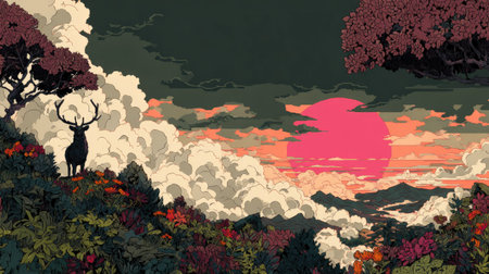 An illustration displays a deer silhouette atop a ridge, gazing upon a sunset. The scene showcases vibrant clouds, a fiery sun, and stylized trees. The color palette includes oranges, pinks, and purples. The artwork could be suitable for various digital projects, including website backgrounds or print design.の素材