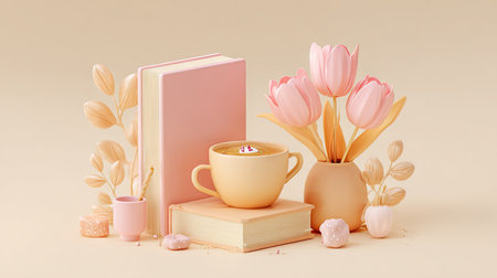 This still life arrangement features a cup of coffee, books, and tulips in a vase, set against a soft pastel background. The composition is characterized by gentle lighting and soft textures. The image's aesthetic is well-suited for various editorial or commercial applications, providing a serene and visually appealing design.の素材