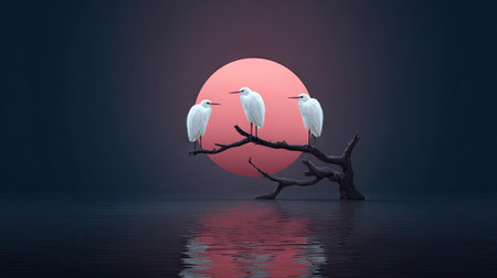Three elegant white birds are perched on a dark, weathered branch set against a large, vibrant, red sun. The tranquil scene features reflective water and a deep, blue-toned atmosphere. This image's minimalistic style and serene composition suggest potential for use in design, editorial content, or artistic projects.の素材